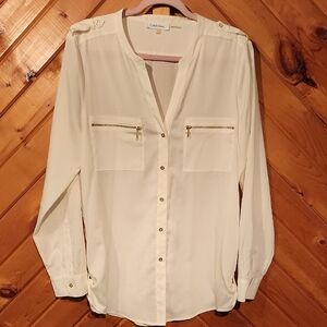 Calvin Klein Cream Buttoned Blouse w/ Gold Detail Size Large PTP 22in Length 29